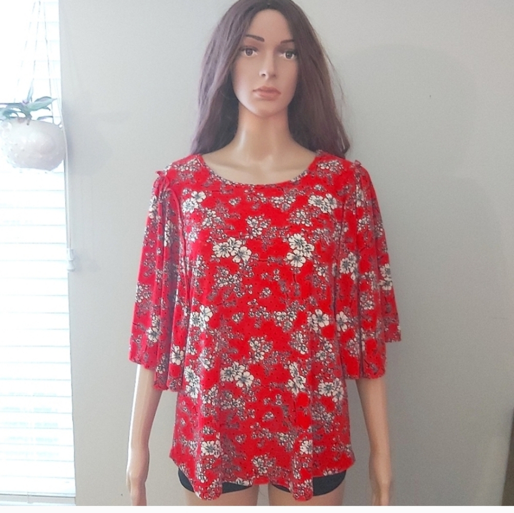 Vintage blouse top Large red floral boho eyelet K&C